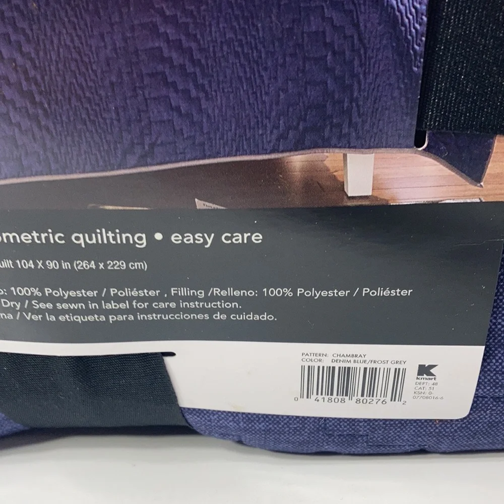 Attention Reversible Quilt King Blue Gray Chambray Look Geometric Quilting NWT